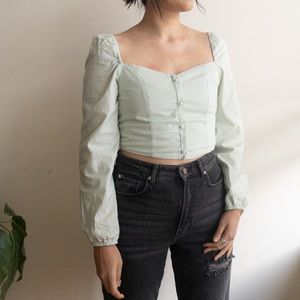 Mint green long sleeve cropped cotton peasant blouse top
